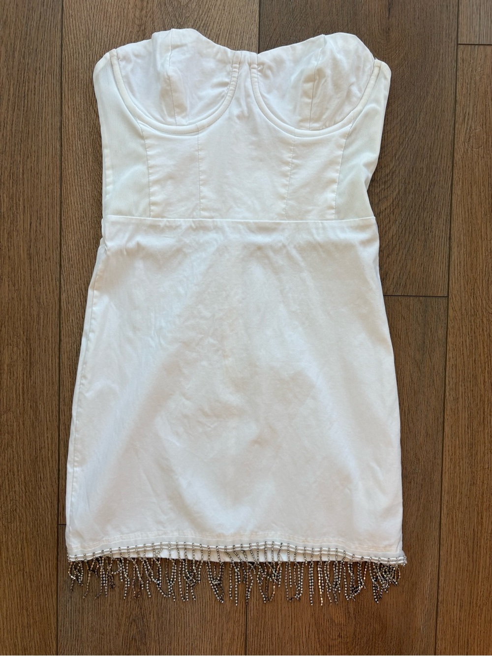 White Fox Boutique White Strapless Beaded Fringe Mini Dress